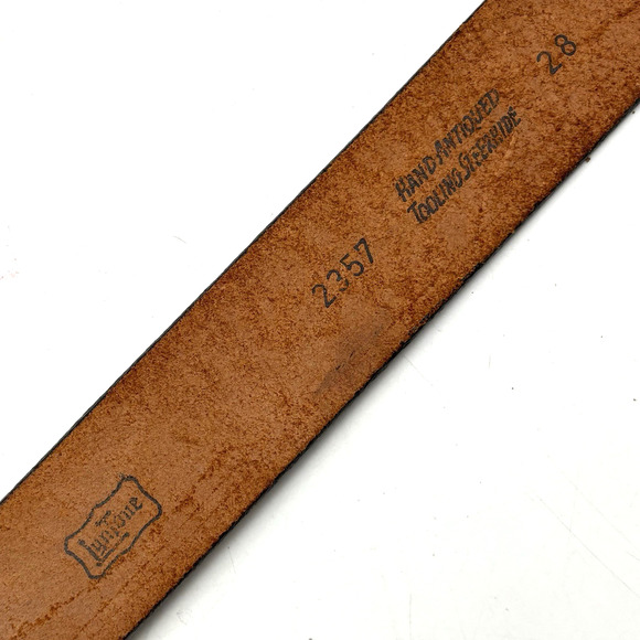 Vintage 70s Lyntone 2357 Brown Acorn Tooled TEXAS Solid Brass Buckle Belt 26-29\